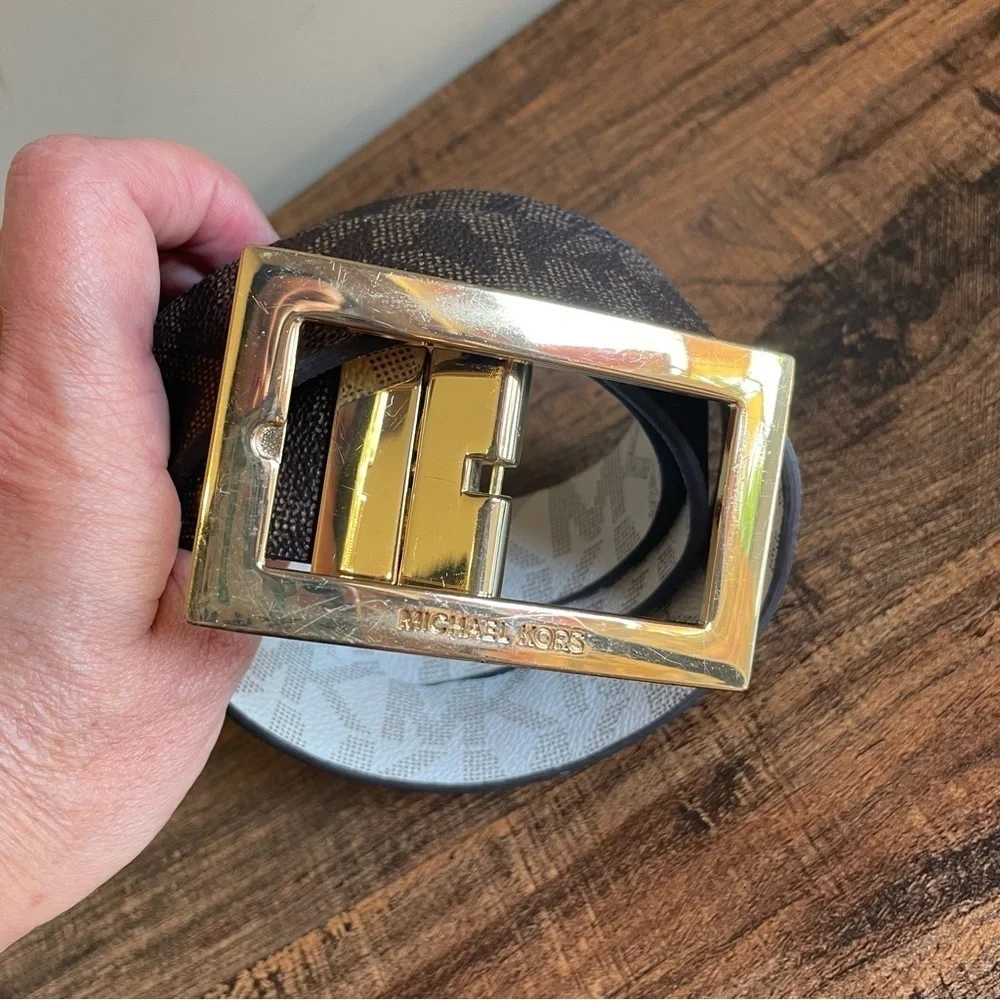 Michael Kors White and Brown Gold Logo Belt Reversible